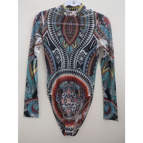 Best Cody 5020 Women's Sz M Multi 90s Vintage Sheer Aztec Print Bodysuit - Picture 1 of 9